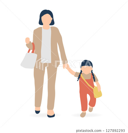 Illustration of a girl holding hands with her mother in a suit (childcare support/kindergarten scene) Illustration of a girl holding hands with her mother in a suit (childcare support/kindergarten scene) 127892293