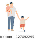 一位穿著休閒服的父親和一個抱著嬰兒跳躍的幼兒的插圖（育兒/郊遊） 127892295