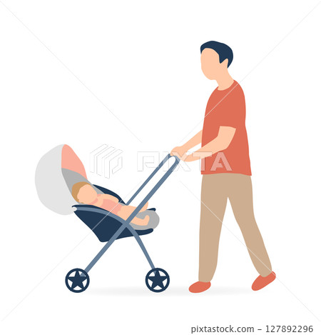 Illustration of a father pushing a stroller with a baby in it (childcare and childcare support) 127892296