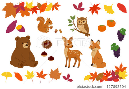 一套秋天的落葉、水果和動物 127892304