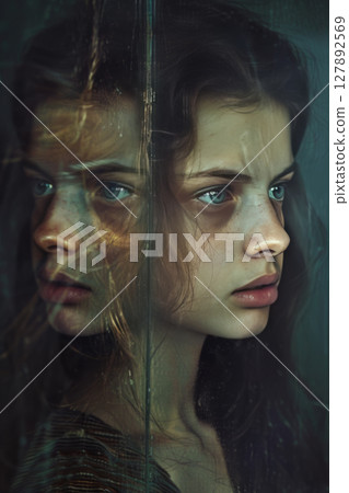 Surreal double exposure of a woman's face 127892569