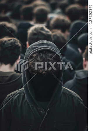 Individual in a Crowd of Masked People in Hoodies 127892573