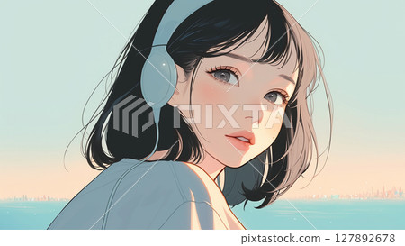 Woman listening to music on the beach at sunset 127892678