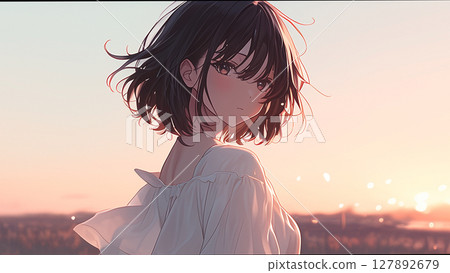 Woman gazing at the sunset 127892679