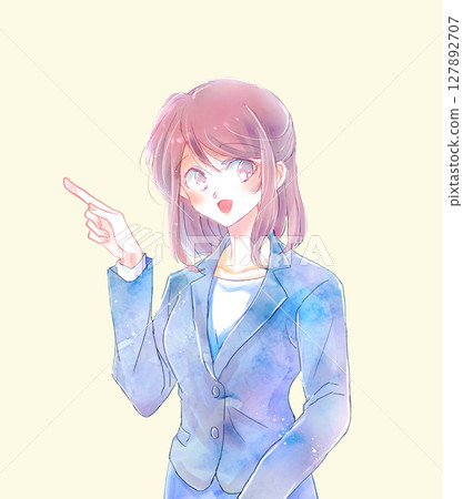A woman in a suit with her hair half-up, pointing her index finger, talking A woman in a suit with her hair half-up, pointing her index finger, talking 127892707