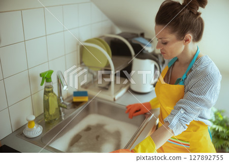 Woman Washing Dishes in Clogged Sink 127892755