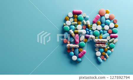 colorful pills on a blue background 127892794