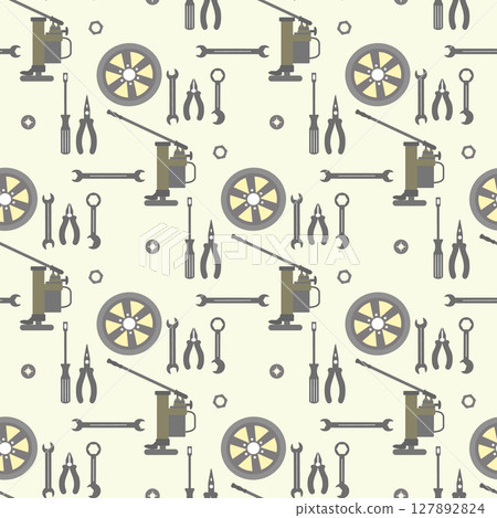 Seamless pattern with gray automotive tools and car parts on light background 127892824