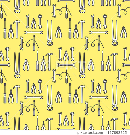 Seamless pattern of hand tools on yellow background, ideal for construction-themed designs 127892825