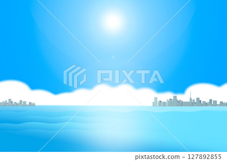 晴朗的天空和大海以及一座擁有建築物的城市的背景插圖 127892855