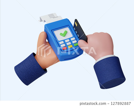 Transaction processing with credit card and payment terminal. 3D render illustration Transaction processing with credit card and payment terminal. 3D render illustration 127892887