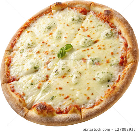 Freshly baked quattro formaggi pizza featuring a crisp crust and a creamy blend of melted cheeses including parmesan and mozzarella 127892935