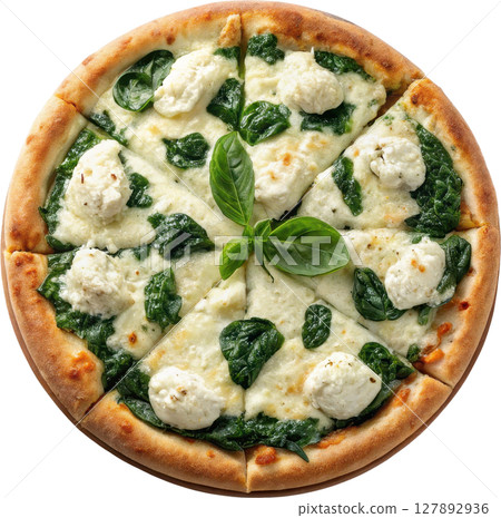 Homemade pizza featuring a creamy ricotta and fresh spinach topping garnished with fragrant basil leaves 127892936