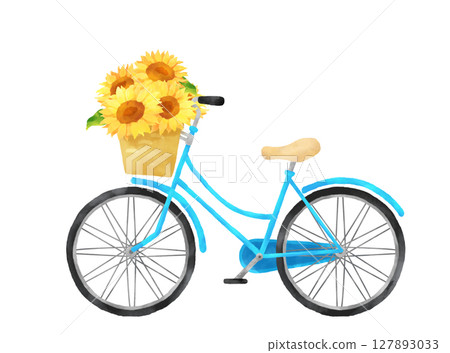 淺藍色自行車與向日葵的水彩畫 淺藍色自行車與向日葵的水彩畫 127893033