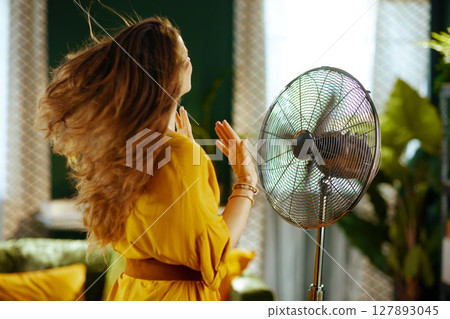 Woman\'s Long Hair Flows in Refreshing Fan Breeze 127893045