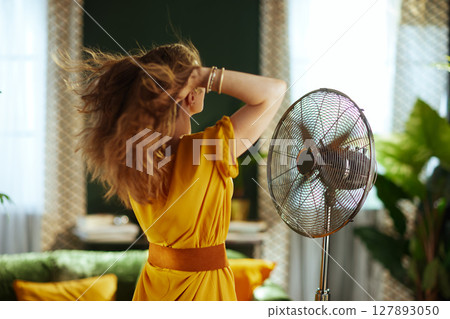 Woman Enjoying Cool Air from a Standing Fan 127893050