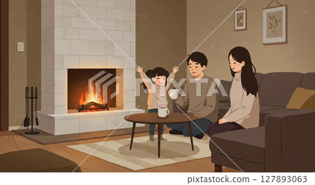 A family relaxing in a warm room around the fireplace in winter 127893063