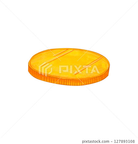A yellow coin on a white background. Watercolor illustration of cartoon money. Medieval currency. Suitable for treasure maps, board games, educational materials, postcards, packages. A yellow coin on a white background. Watercolor illustration of cartoon money. Medieval currency. Suitable for treasure maps, board games, educational materials, postcards, packages. 127893108