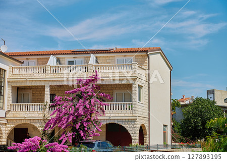 Building with blooming bougainvillea flowers 127893195