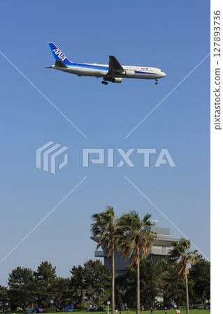 客機接近降落 客機降落在藍天 127893736