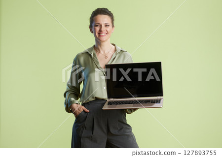Smiling woman with laptop, professional vibe Smiling woman with laptop, professional vibe 127893755