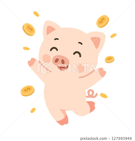 Cartoon Piggy Bank with Gold Coins 127893948