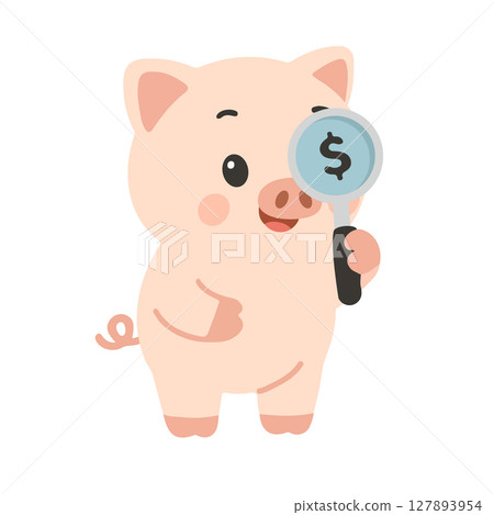 Cartoon Piggy Bank Holding Magnifying Glass 127893954