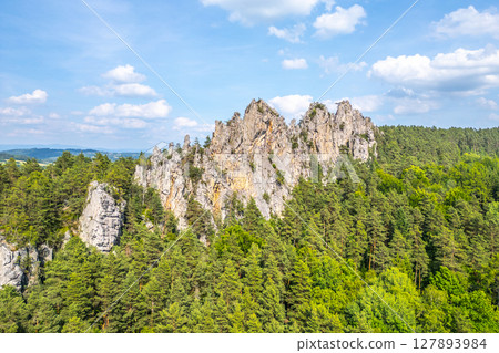 Suche skaly features stunning sandstone rock formations rising above lush green forests in the Bohemian Paradise, Czechia. This natural wonder attracts hikers and nature enthusiasts year-round. Suche skaly features stunning sandstone rock formations rising above lush green forests in the Bohemian Paradise, Czechia. This natural wonder attracts hikers and nature enthusiasts year-round. 127893984