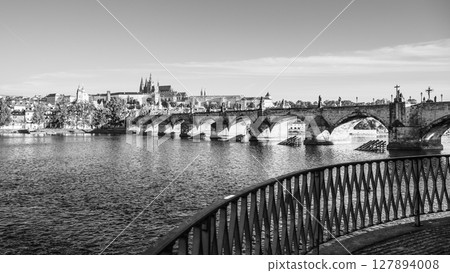 This captivating panorama showcases the majestic Prague Castle overlooking the Vltava River, with the iconic Charles Bridge in the foreground, all in a serene, people-free setting. 127894008