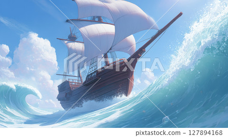 A ship floating on the surface of the water 127894168