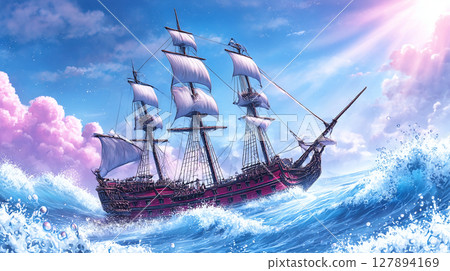 A ship floating on the surface of the water 127894169