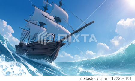 A ship floating on the surface of the water 127894191