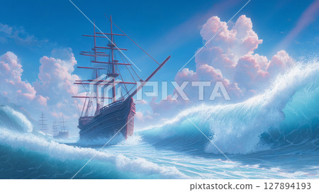 A ship floating on the surface of the water 127894193