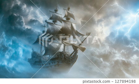 A ship floating on the surface of the water 127894198