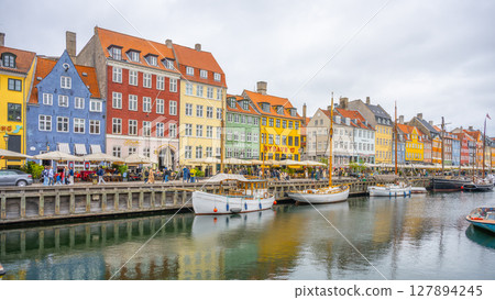 Visitors stroll along the vibrant canals of Nyhavn, admiring the historic buildings and enjoying local cafes. Boats gently sway in the water under a cloudy sky. Visitors stroll along the vibrant canals of Nyhavn, admiring the historic buildings and enjoying local cafes. Boats gently sway in the water under a cloudy sky. 127894245