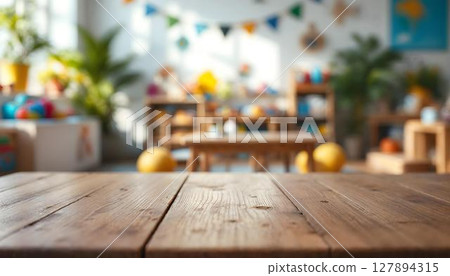 An empty classroom table surrounded by wooden chairs and toys, representing a mockup idea for preschool and kindergarten An empty classroom table surrounded by wooden chairs and toys, representing a mockup idea for preschool and kindergarten 127894315