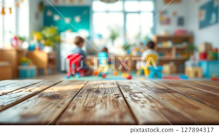 A vacant classroom table paired with wooden chairs and toys, illustrating a preschool and kindergarten theme for a mockup presentation 127894317