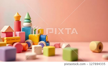 A charming wooden toy train accompanied by blocks on a pink surface, emphasizing a delightful preschool and kindergarten theme A charming wooden toy train accompanied by blocks on a pink surface, emphasizing a delightful preschool and kindergarten theme 127894335