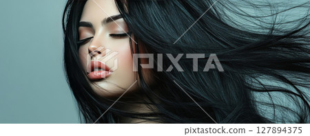 Profile of Woman with Flowing Black Hair in Wind 127894375