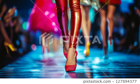 High fashion models strutting in designer heels on runway High fashion models strutting in designer heels on runway 127894377