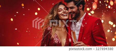 Stylish couple in red matching outfits with champagne 127894380