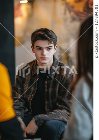Thoughtful Teenage Boy in Conversation During Therapy Session 127894381