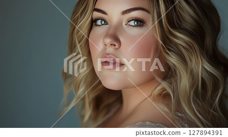 Close-up portrait of a plus-size young woman with blonde hair. 127894391