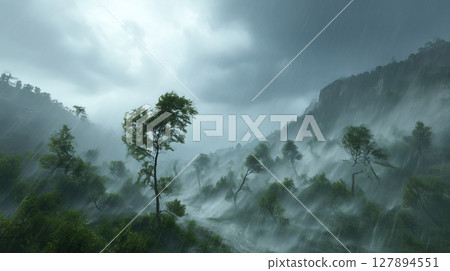 Forest wrapped in fog 127894551