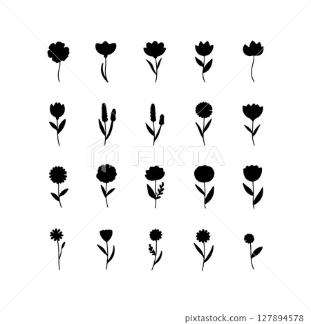 Bold Silhouette Blooms. A strong composition of filled floral silhouettes with geometric forms, ideal for bold branding, pattern design, and contrasts. Bold Silhouette Blooms. A strong composition of filled floral silhouettes with geometric forms, ideal for bold branding, pattern design, and contrasts. 127894578