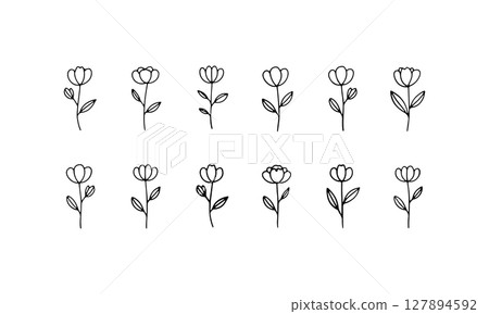 Rounded Botanical Icons. An evenly spaced set of floral illustrations with rounded forms and clean lines, ideal for soft patterns and print-ready use. 127894592