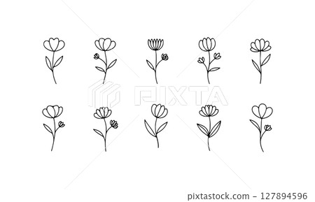 Minimal Botanical Silhouettes. A simple and clean arrangement of flower silhouettes with refined shapes and consistent proportions, perfect for logo design and textiles. 127894596