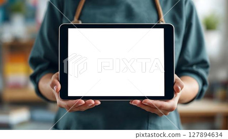 A woman presents a tablet with a blank screen, symbolizing the progress in online education and educational technology 127894634