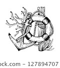 Black and white nautical vector illustration features an anchor entwined with rope, a lifebuoy, coral, and a wooden post. Hand drawn graphic sketch isolated on white. Ideal for marine themed designs. 127894707