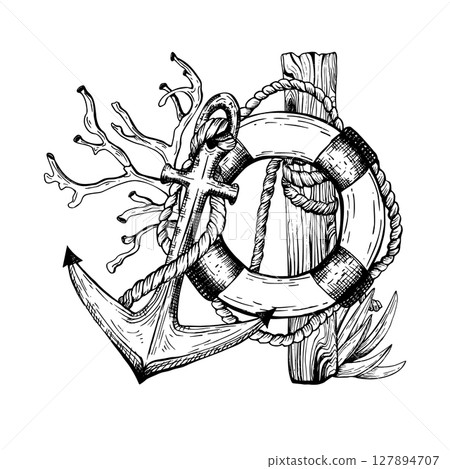 Black and white nautical vector illustration features an anchor entwined with rope, a lifebuoy, coral, and a wooden post. Hand drawn graphic sketch isolated on white. Ideal for marine themed designs. 127894707